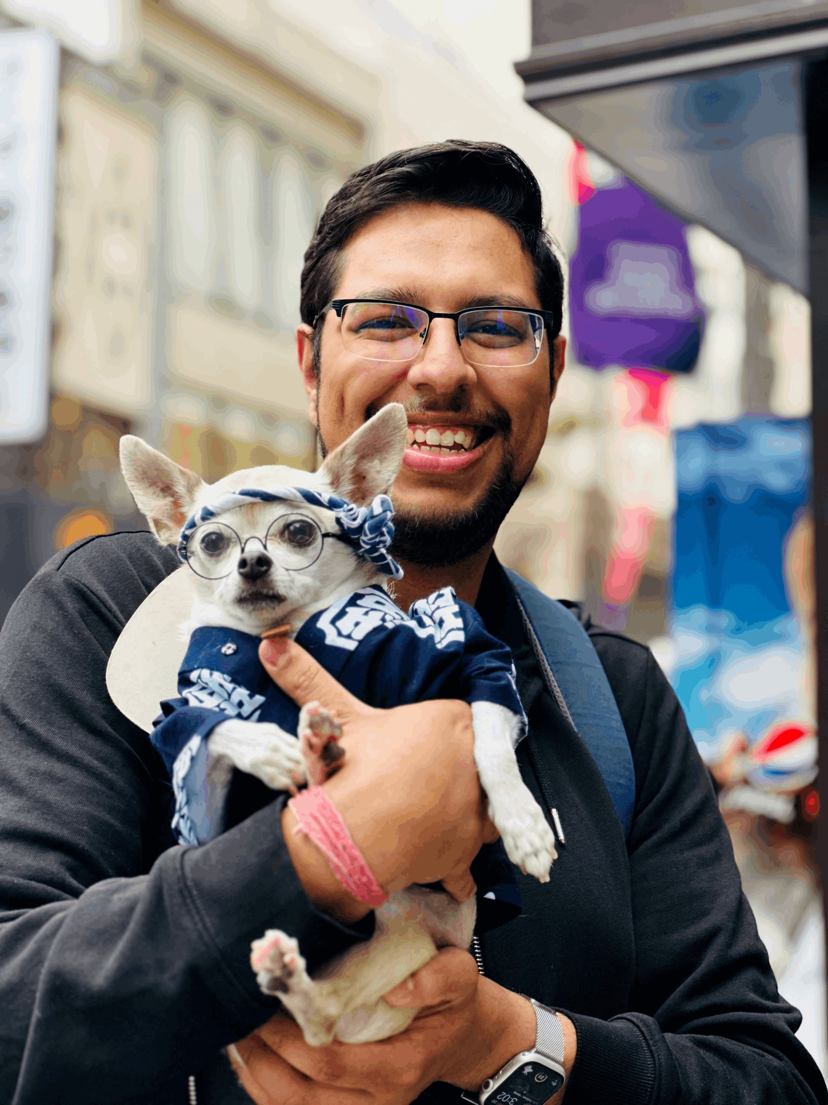 Photo of me holding a chihuahua wearing a costume with glasses for the Senso-ji temple festive (Sanja Matsuri)